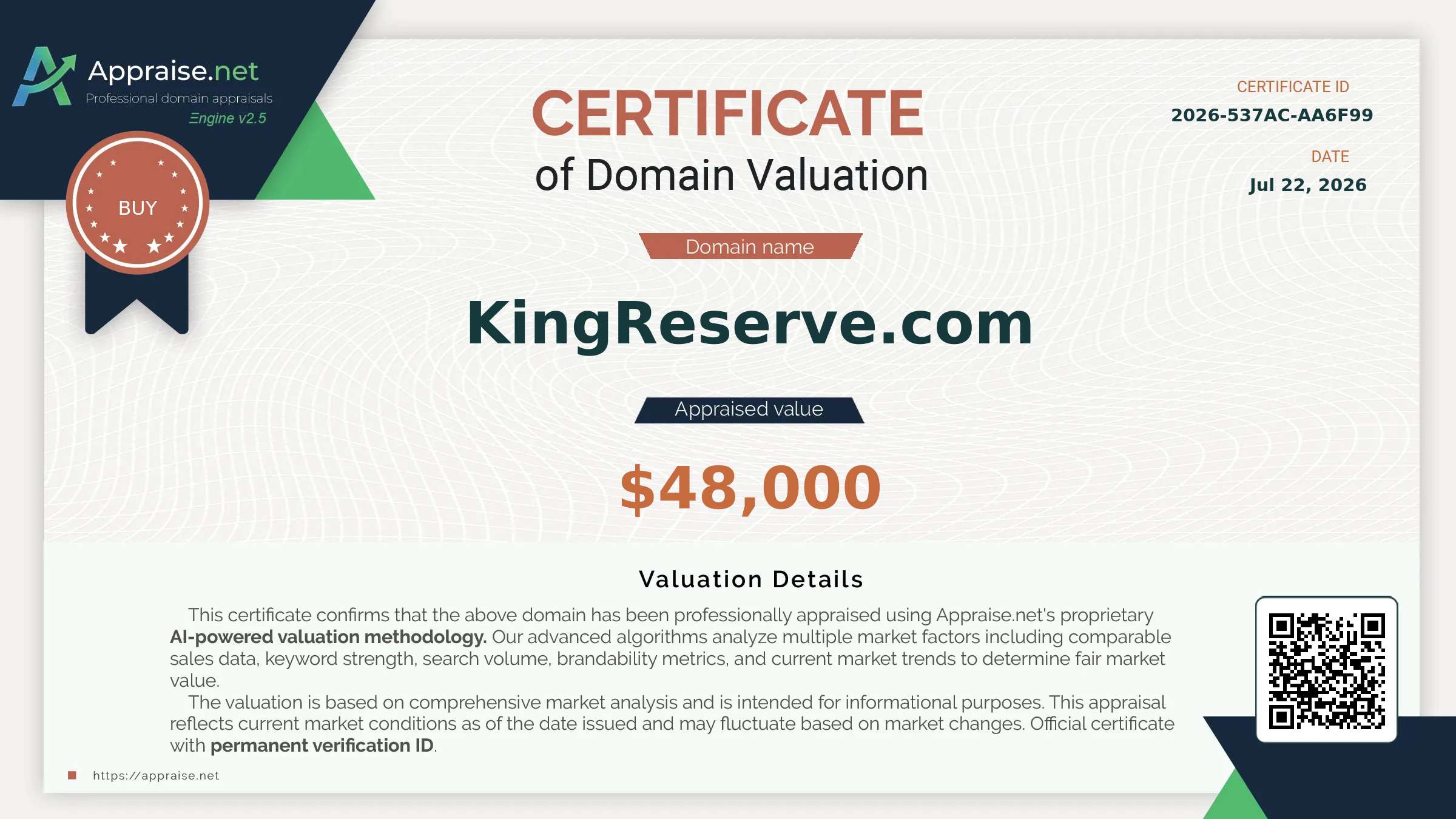 Appraise.net certificate for KingReserve.com